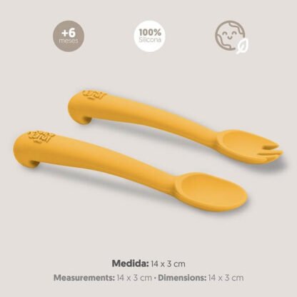 Cuchara y Tenedor Silicona Mostaza