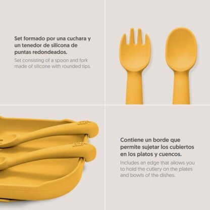 Cuchara y Tenedor Silicona Mostaza