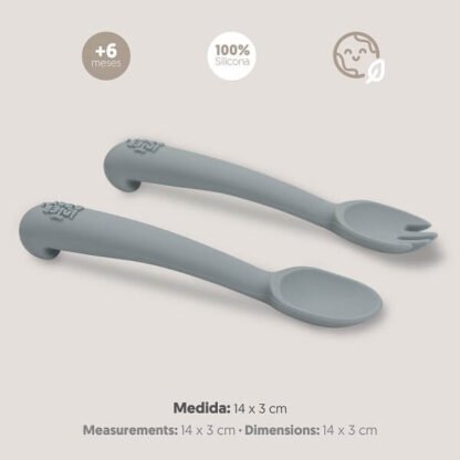 Cuchara y Tenedor Silicona Gris
