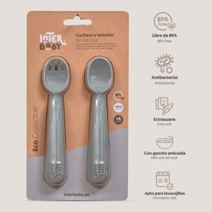 Cuchara y Tenedor Silicona Gris