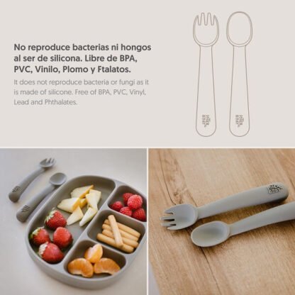 Cuchara y Tenedor Silicona Gris
