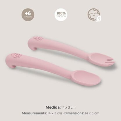 Cuchara y Tenedor Silicona Rosa